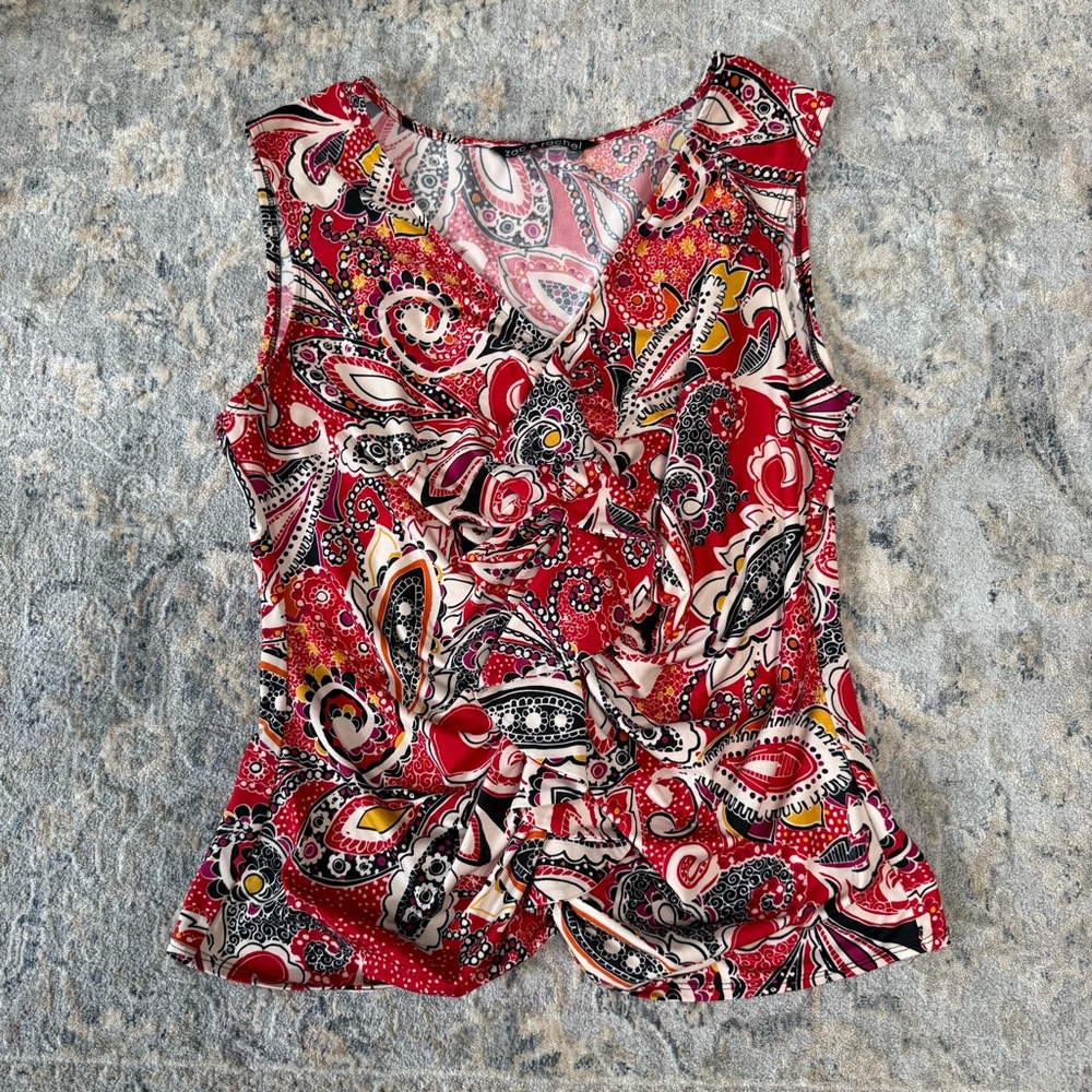 Zac & Rachel Sleeveless Red Paisley Ruffle V-Neck Top
